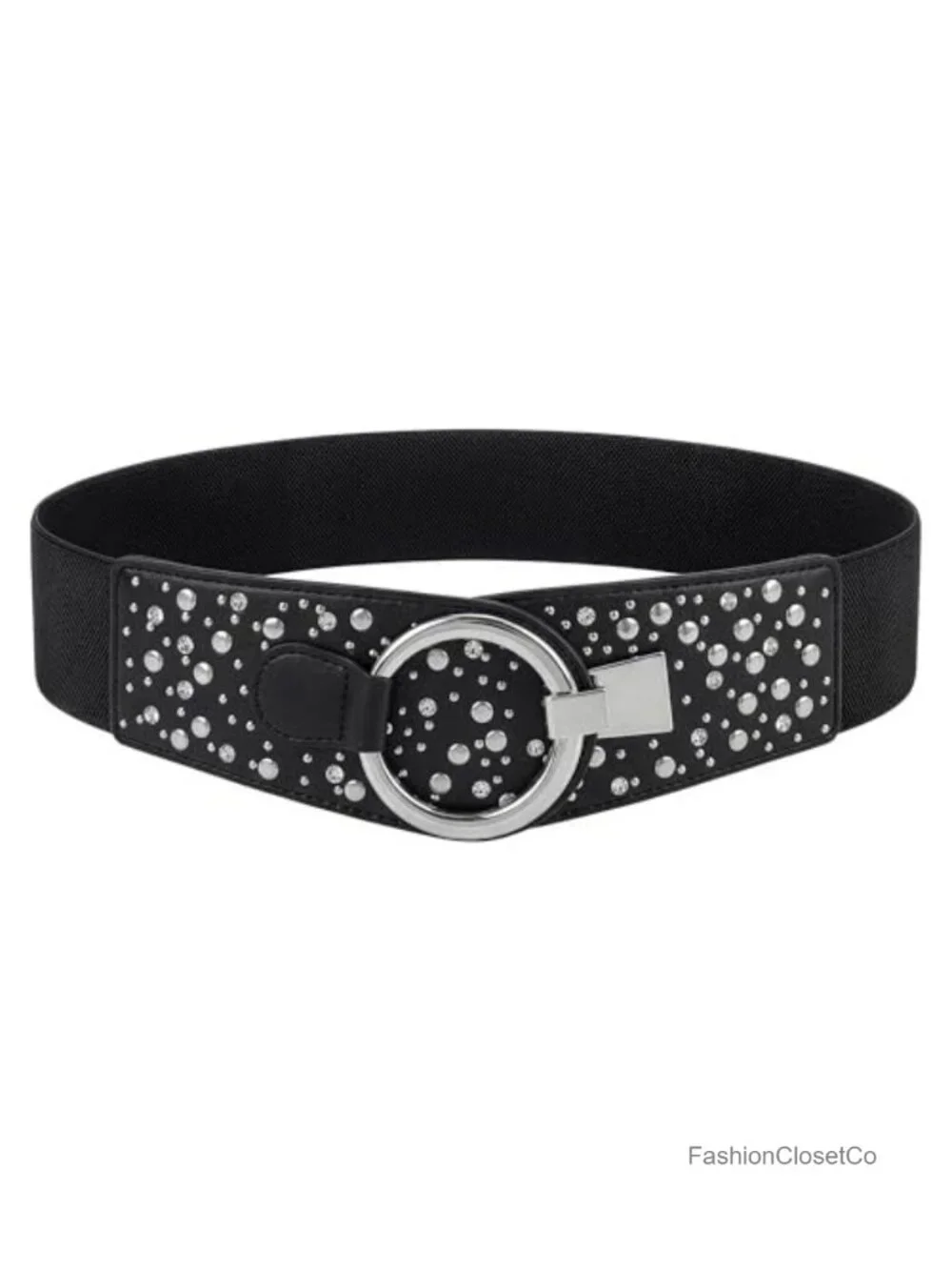 Faux Leather Studded Wide Belt with Ring Hook Closure, Elastic Back